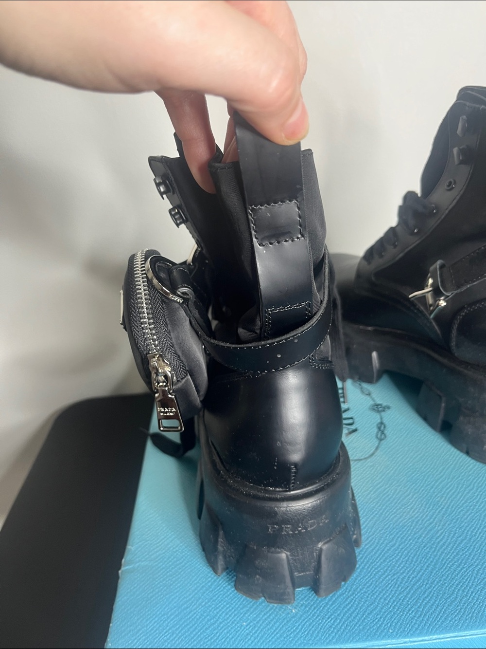 Prada Black Leather Nylon Calzature Combat Boots with Detachable Mini Pouch - Picture 5 of 8